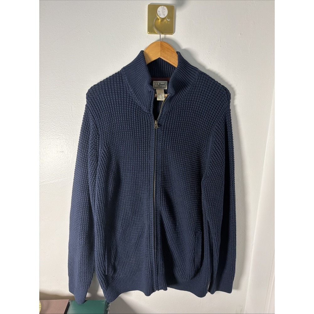 L.L. Bean Waffle Knit 100% Organic Cotton Navy Blue Full Zip Mens Cardigan Sz XL